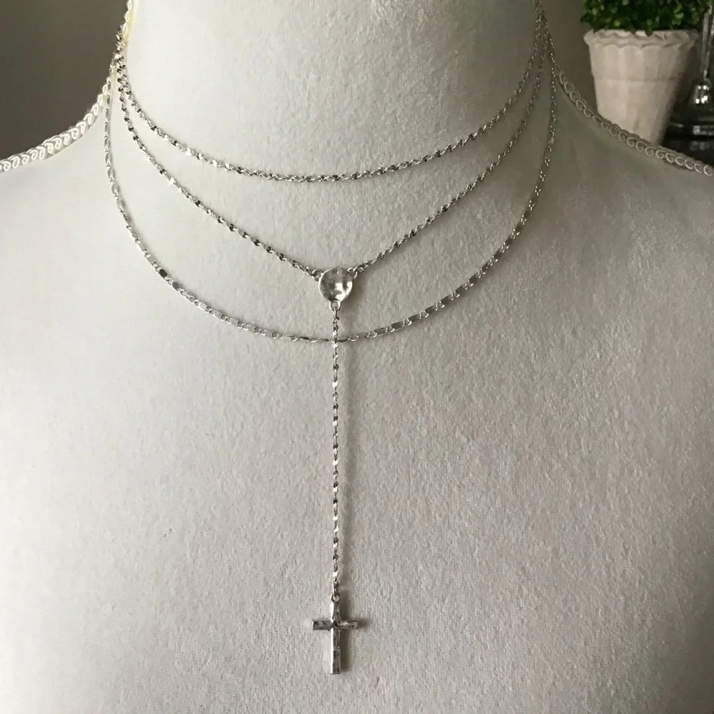 Cross Necklace Delicate 3-Chain Silver-Tone Waterfall Rosary Style Boho Feminine